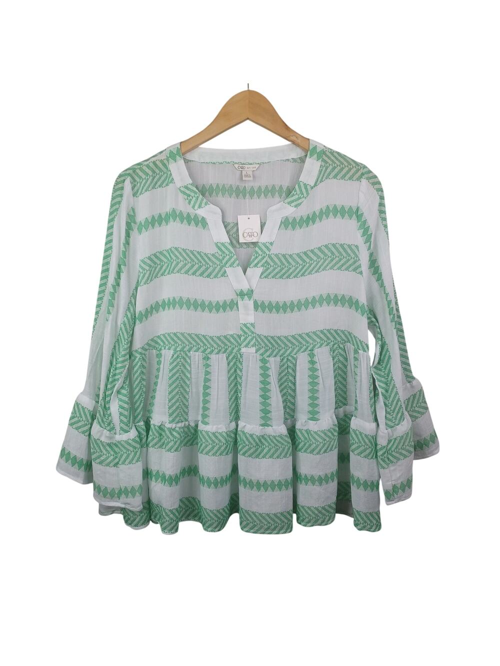 Cato Babydoll Boho Bell Sleeve Top Size L White Green Semi Sheer Peasant Cottage